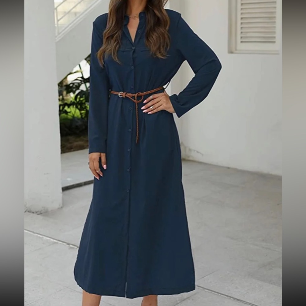 Navy Blue Maxi Shirt Dress - XL